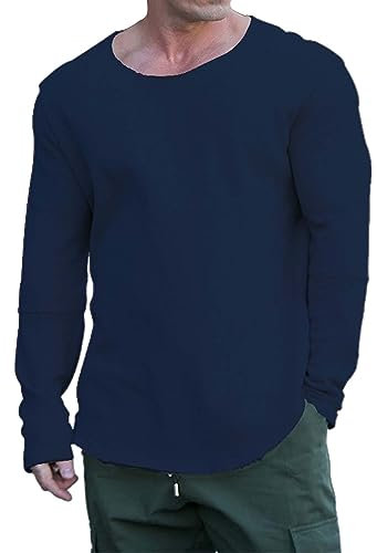 Nature Men's Fashion Spring and Summer Casual Long Sleeve V-Neck Solid Color T-Shirt Long Sleeve Top T-Shirt Man Modern, blue, 3XL