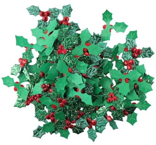YYlingx 100Pcs Christmas Holly and Berry Christmas Embellishments,Mini Triple Green Leaf Holly Berries Sequins for Christmas Decor,Gift Tag and Card Making