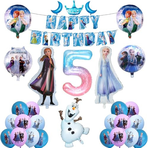 UdacA Frozen Party Luftballons, 25 Stück Luftballons Gefrorene, Eis und Schnee Deko Kindergeburtstag Ballons mit Happy Birthday Banner für Kindergeburtstag Deko 5. Geburtstag