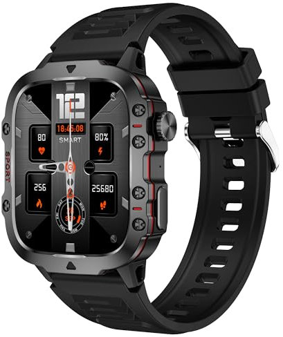 Militär Outdoor Smartwatch mit Telefonfunktion Herren Fitnessuhr Schrittzähler Uhr mit Herzfrequenz-/Blutdruckmessung Schlafmonitor Sportmonitor von Kalorienverbrauch Kilometerstand, Schwarz