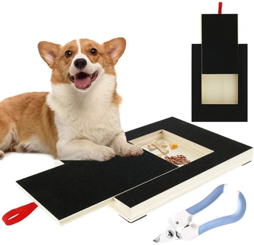 JETHMA Dog Nail Scratch Board File, Wooden Dog Scratch Pad with Built-in Snack Box Stress-Free and Soothing Puppy Nail Scratch Pad Alternative to Dog Nail Clippers & Grinders (with Nail Clipper)