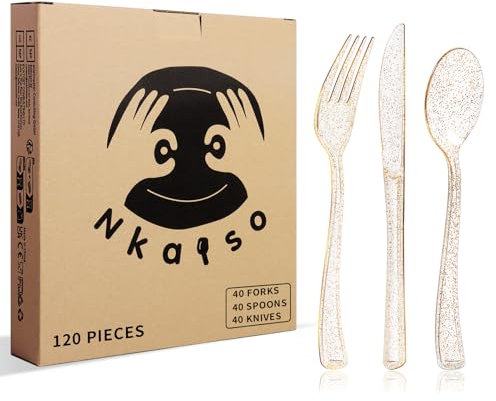Nkaiso 120 Piezas Vajilla de fiesta, Juego de Cubiertos de Oro Reutilizable, 40 Tenedores, Cuchillos, Cucharas, Cubiertos de Fiesta, Adecuado Para Fiestas Campamentos Barbacoas