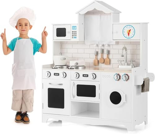 GOPLUS Cocina de Juguete Infantil de MDF con Estante Abierto, Cocinita Infantil con Función de Luz, Fregadero, Horno, Microondas, Lavadora, Almacenaje Incluido, Imitación de Juguete para 3 Años+