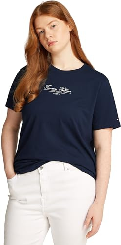 Tommy Hilfiger Damen T-Shirt Kurzarm Script Crew Neck Regular Fit, Blau (Dark Night Navy), 52