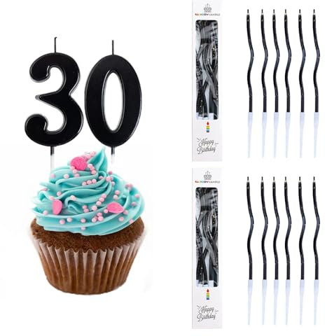 Ronoza Geburtstagskerzen Zahlen 30, Kerzen Geburtstag, Geburtstagskerze Schwarz, Geburtstagskerzen für Torte, Kerze 30, Kerzen Zahlen mit 12 Stück Dünne Lange Biegen Schwarz Geburtstagskerze