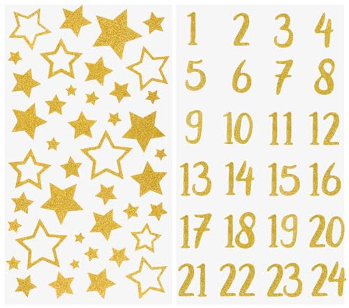 2 Blatt Adventskalender Aufkleber Glitzer Zahlen 1-24 Sterne Sticker für Weihnachten Kalender zum basteln selbstklebend Dekoration Etiketten Weihnachtskalender Nummern für Papiertüten (Gold 2)