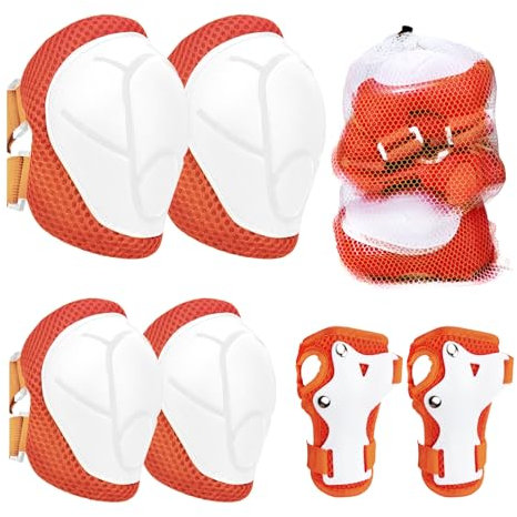 Knieschoner Kinder, 6 in 1 Schoner Inliner Jungen und Mädchen Ellenbogenschützer Set mit Handgelenkschutz für 3-8 Jahre alte Kleinkinder beim Skaten Radfahren und Skateboards (Orange Weiß)