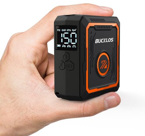 BUCKLOS Mini Bike Pump Electric Portable Max 150PSI with Digital Pressure Gauge, Tiny Bicycle Tire Ebike Pump Auto Stop, Rechargeable Air Pumps, Presta and Schrader Valve for Road Mountain Bike