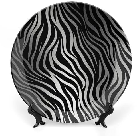 TPDHJK Assiette décorative en porcelaine anglaise avec imprimé zèbre avec base - Assiettes rondes personnalisées en porcelaine fine à collectionner pour salon, salle à manger, cuisine, ménage - 20,3