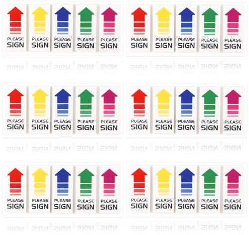 600 Stück/6 Packungen Aufkleber Bitte Hier Unterschreiben, 12 x 5,3 cm Bitte Unterschreiben-Nachrichtenflaggen 5 Farben Bitte Unterschreiben-Pfeiletiketten für Zuhause die Schule