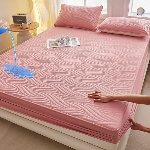 Mesnt Spannbetttuch 90 x 200, Einfarbig mit Blättermuster Bettwaren Spannbettlaken aus Polyester Baumwolle für Boxspringbetten, Bequem, Rosa