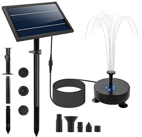Matybobe Solarwasserpumpe mit 5 LED-Farblicht 7pcs Düsenkit Solar Brunnenpumpe 170l/h Maximalfluss 40-60 cm Sprühhöhe mit Eingebauter Batterie 9,8-Fuß-Kabelwandmontage und Gemahlener
