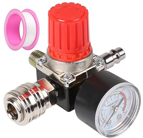 CPROSP Réducteur de Pression d'Air Comprimé 1/4 avec Manomètre 175 PSI 12 Bar 4 Trous, Détendeur Pneumatique avec Bande Téflon, Vanne de Régulation de Pression pour Compresseur d'Air