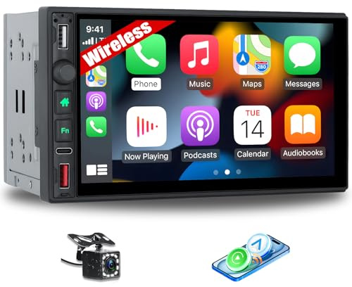 Double Din Car Stereo Wireless CarPlay Android Auto Bluetooth FM/AM/RDS Radio 7 Inch HD 1024 * 600 Touch Screen Mirror Link 3 USB Type-C DSP RCA SWC + Backup Camera Mic