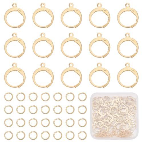 CRAFTYMELODY 24K Gold Plated Huggie Hoop Earring Findings 80Pcs Stainless Steel Round Leverback Earring Hooks with 120Pcs Jump Ring Gold Ear Clasps
