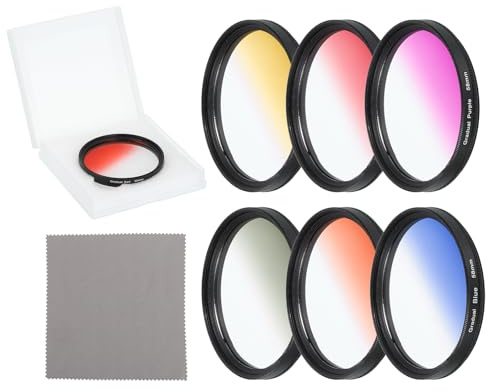 sourcing map 58mm Gradual Color Filter Kit, 6 Piece Filters for Camera Lens Accessory Set with Case and Lens Cleaning Cloth for SLR Camera Photography, Orange, Yellow, Blue, Purple, Red, Grey