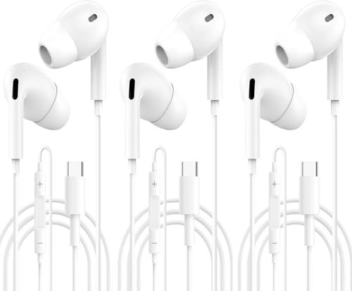 3PC USB C Kopfhörer für iPhone 16 Kopfhörer mit Kabel/Typ C Ohrhörer kabelgebunden mit Mikrofon und Lautstärkeregler, HiFi Stereo Ohrhörer für iPhones 16/15/Galaxy S24/S23/15 Plus/Google Pixel/Huawei