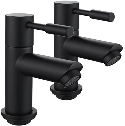 Par de grifos de pilar para lavabo, dos grifos de lavabo de latón, grifo de lavabo caliente y frío, 2 agujeros separados para baño, guardarropa, color negro mate