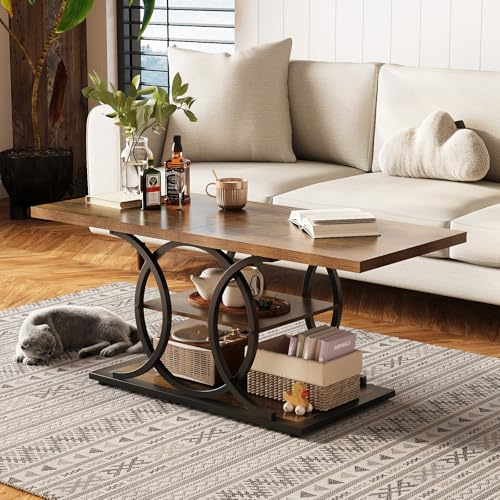 Tohomeor Rustikaler Couchtisch mit Stauraum – 3-stöckig, Industrie-Landhausstil aus Holz (Rechteck) für Wohnzimmer, Büro & Schlafzimmer (Rustikales Braun)