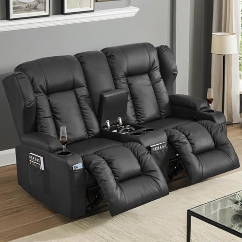 TCGBKAF Kinosessel 2-Sitzer manuell, Relaxsessel mit Liegefunktion & Getränkehalter, Doppel-Fernsehsessel Relaxsofa verstellbar mit Konsole, Heimkino Sofa Kunstleder für Wohnzimmer,Schwarz