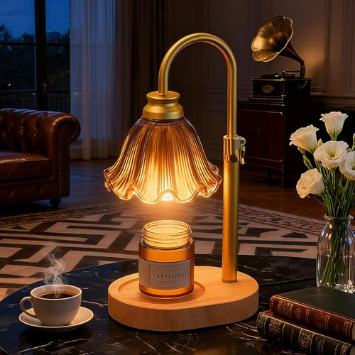 Flower Candle Warmer Lamp with Timer & 4-Level Dimmer, Adjustable Height | Flameless Electric Wax Warmer for Jar Candles, Wooden Base, Gift for Mom & Women, Birthday & Housewarming Brown