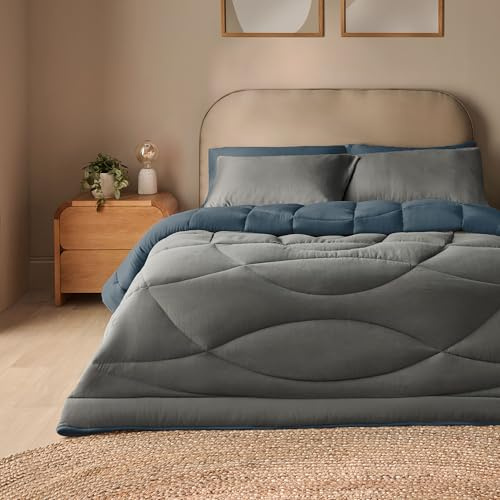 Silentnight Coverless 10.5 Tog Duvet, Blue & Charcoal, Single | Luxury Washed Duvet & Pillowcase Set, Soft Stylish, Two Reversible Colours, All Year Round Comfort, No Cover Needed