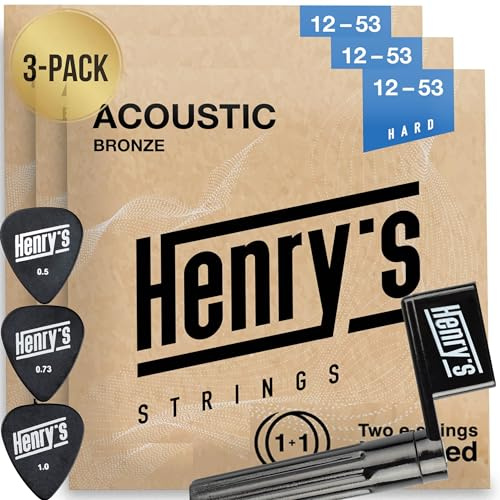 3-Pack PowerTone Gitarrensaiten für Westerngitarre - Tiefer Satter Klang | Extra 3xE1-Saite & 3xPlektren & Saitenkurbel, Westerngitarre Saiten, Acoustic Guitar Strings, Western Gitarren Saiten 12-53