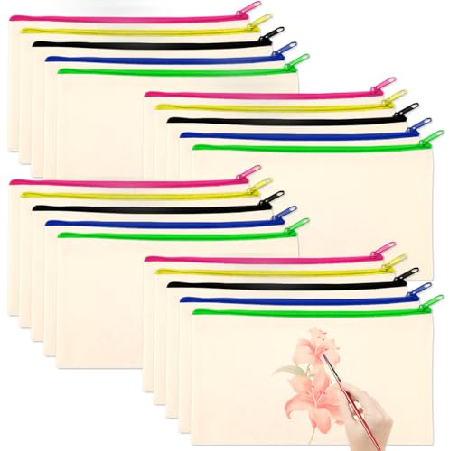 Zorplex 20 Stück Blanko Stoffmäppchen mit Reißverschluss, Bunt Stoffbeutel, 21 x 12 cm DIY Taschen zum Bemalen, Federmäppchen, Kosmetiktaschen, Aufbewahrungsbeutel für Kinder, Schule und Reisen