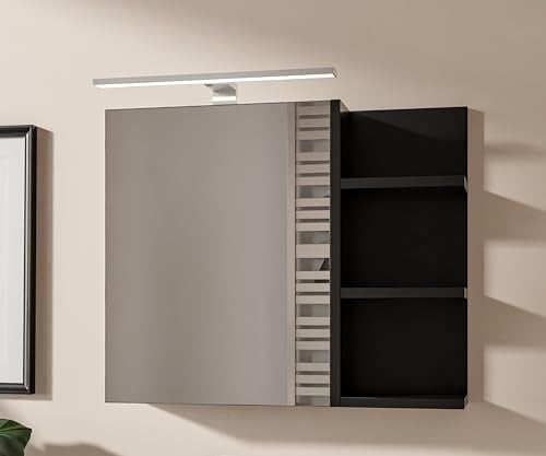 HAJDUK FURNITURE Spiegelschrank Bad Schwarz 60x50 cm mit LED Beleuchtung LED Badspiegelschrank Badezimmerschrank mit Spiegel und Ablagen 1 Tür Hängeschrank Bad Grifflos Ablagen Rechts