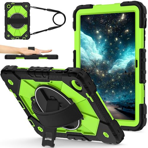 For T-Mobile REVVL Tab 2 10,1 pouces 2025 Tablette Antichoc Robuste Housse Hybride en Silicone PC avec Support Rotatif à 360°, Armure Anti-Rayures Bandoulières/Poignets Réglables(Yellow-Green PC)