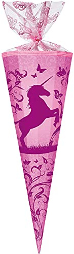 mit 3-D Effekt - Flock ! - Schultüte - Einhorn & Blumenranken/Soft Touch - SAMT Flockdruck - 70 cm - rund - Organza Abschluß - Zuckertüte - Nestler - mi..