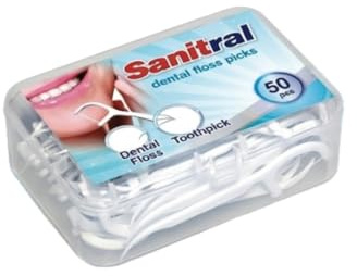 Sanitral Dental Floss Sticks, Strong Non-Shred Floss, 2 in 1 Advance Cleaning Toothpick in Clear Box Perfect for Family,Hotel,Travel (50 pcs)
