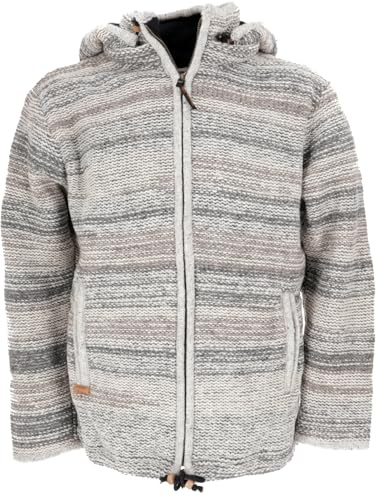 GURU SHOP Kuschelige gefütterte Strickjacke aus Schafwolle, Unisex | Fleece gefüttert, abnehmbare Kapuze, geräumige Taschen, fair gehandelt in Nepal