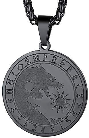 FaithHeart schwarz Wölfe Kette Winkinger Sonne und Mond Wiinger Wolfkopf Anhänger für Kinder und Jugendlichen