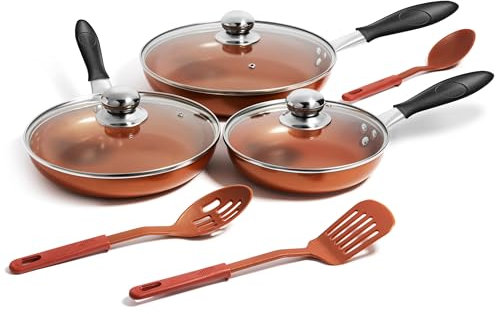 Razab Juego de 3 sartenes antiadherentes de cobre con tapas (8, 9.5 y 11 pulgadas), revestimiento de cerámica y espátulas de silicona para cocinar huevos, tortillas, utensilios de cocina para