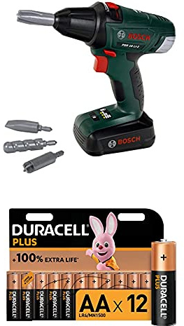 Theo Klein 8567 Bosch Akkuschrauber I Batteriebetriebener Bohrer/Schrauber mit rotierenden und auswechselbaren Aufsätzen I Licht und Sound + Duracell Plus AA Alkaline-Batterien, 12er Pack