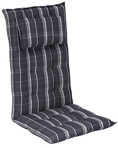 elGiga Sun Garden Hochlehner-Auflage 1-Stück Inco Blau-Grau Kariert 120 x 50 x 7 cm für Gartenstuhl, mit Kopfpolster, hochwertig, waschbar und pflegeleicht