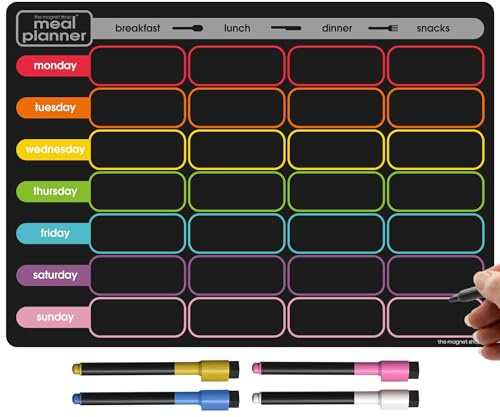 TMS A3/A4 Mehrfarbiger magnetischer Wochenplaner/Memoboard/Kalender – Whiteboard, Einkaufsliste und Mahlzeitenplaner – mit 4 magnetischen trocken abwischbaren Stiften und Radiergummi (Farbe