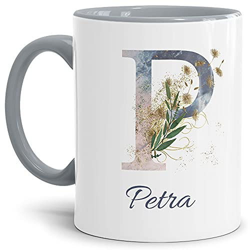 Tasse mit Buchstabe P und Blumen - mit Name personalisiert - Initiale, Namens-Tasse, Buchstaben Tasse, Geschenk I Keramik Innen & Henkel Grau, 300 ml