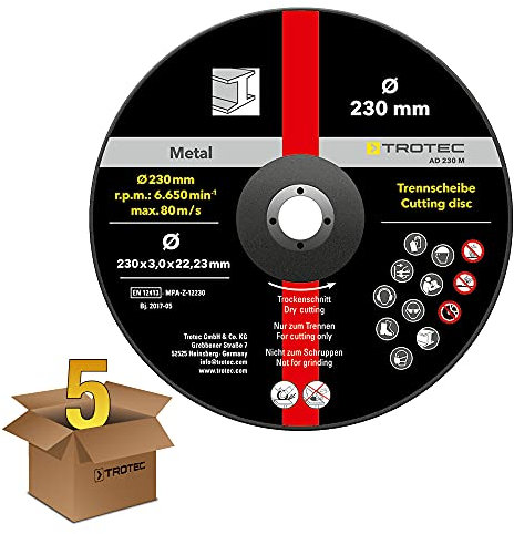 TROTEC Trennscheibe Metall 230 - gekröpft, im 5er Vorteilspaket, für handgeführte Winkelschleifer