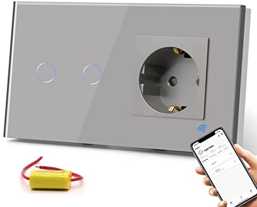 BSEED Enchufe Normal con Interruptor de luz WiFi,Compatible con Alexa,Google Home,Control de APP y Función de Temporizador,2 Gang 1 Vía WiFi Interruptor de Pared con Enchufe Gris-No cable neutro