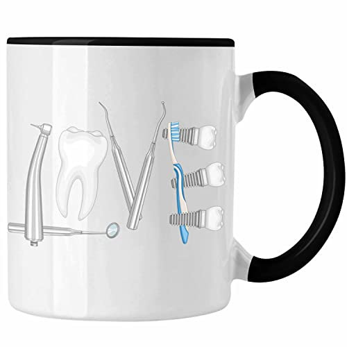 Trendation - Schwarz Keramik Tasse 325 Milliliter Becher Zuhause Geschenk Zahnarzt Zahntechniker Zahnmedizinische Fachangestellte Praxis Geschenkidee