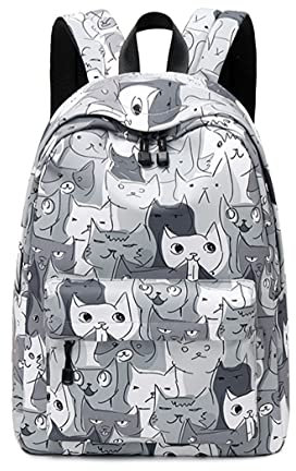 JIANLINST Mädchen Schulrucksack Jungen Teenager Schultasche Wasserdicht Nylon Rucksack Damen Schulranzen Freizeitrucksack Laptop Tasche Graue Katze