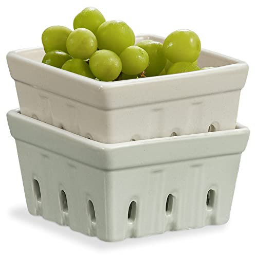 ONEMORE Keramik-Beerenkorb, quadratische Obstschalen, rustikales Steingut, Beerensieb, 14,5 cm, Grau und Hellgrün, 2 Stück
