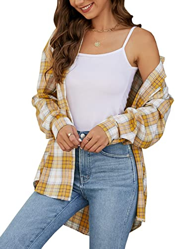 Lumister Chemise oversize en flanelle pour femme à manches longues avec boutons à carreaux avec boutons en plumes et buffle chemisier haut avec une poche, jaune, X-Large