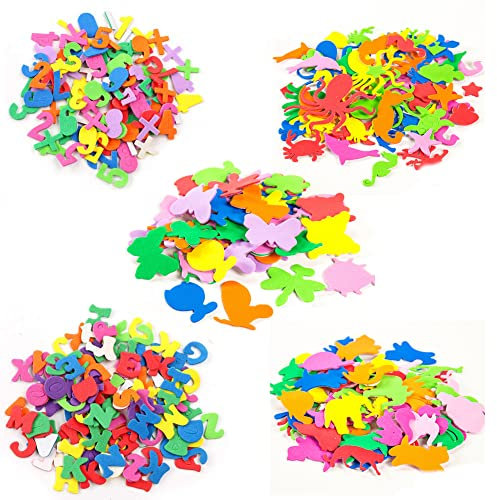 JUHONNZ Schaumstoff Aufkleber,710 PCS Selbstklebende Moosgummi Bastelset Buchstaben-Aufkleber Kinder-Party-Aufkleber zum Basteln Kunst Kinder Scrapbooking Karte 5 Muster Größen und Formen