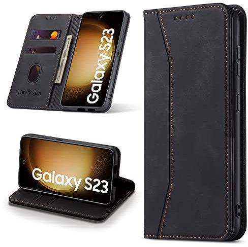 Leaisan Handyhülle für Samsung Galaxy S23 Hülle Premium Leder Flip Klappbare Stoßfeste Magnetische [Standfunktion] [Kartenfächern] Schutzhülle für Samsung S23 Tasche - Schwarz