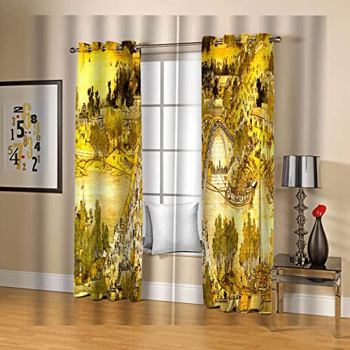 BOVZOX Fenster Vorhang Schlaufen-Vorhang 2 Stück x 110 B x 215cm H Retro&Brücke Dekorative Gardine Schlaufenschal Fenster-Schal