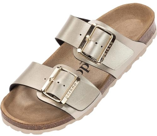 Palado Pantoletten Damen Samos EGS - bequeme Sandalen Made in Spain - Hausschuhe mit dämpfendem Kork-Fußbett - modische Sommerschuhe Beige Metallic UK7 - EU40