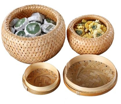 Juwacoo 2 Pack Aufbewahrungsboxen mit Deckel, Handgefertigten Rattan Korb Körbchen, Kisten Aufbewahrung Aufbewahrungskorb Rund, Bambus Korb mit Deckel Geflochten